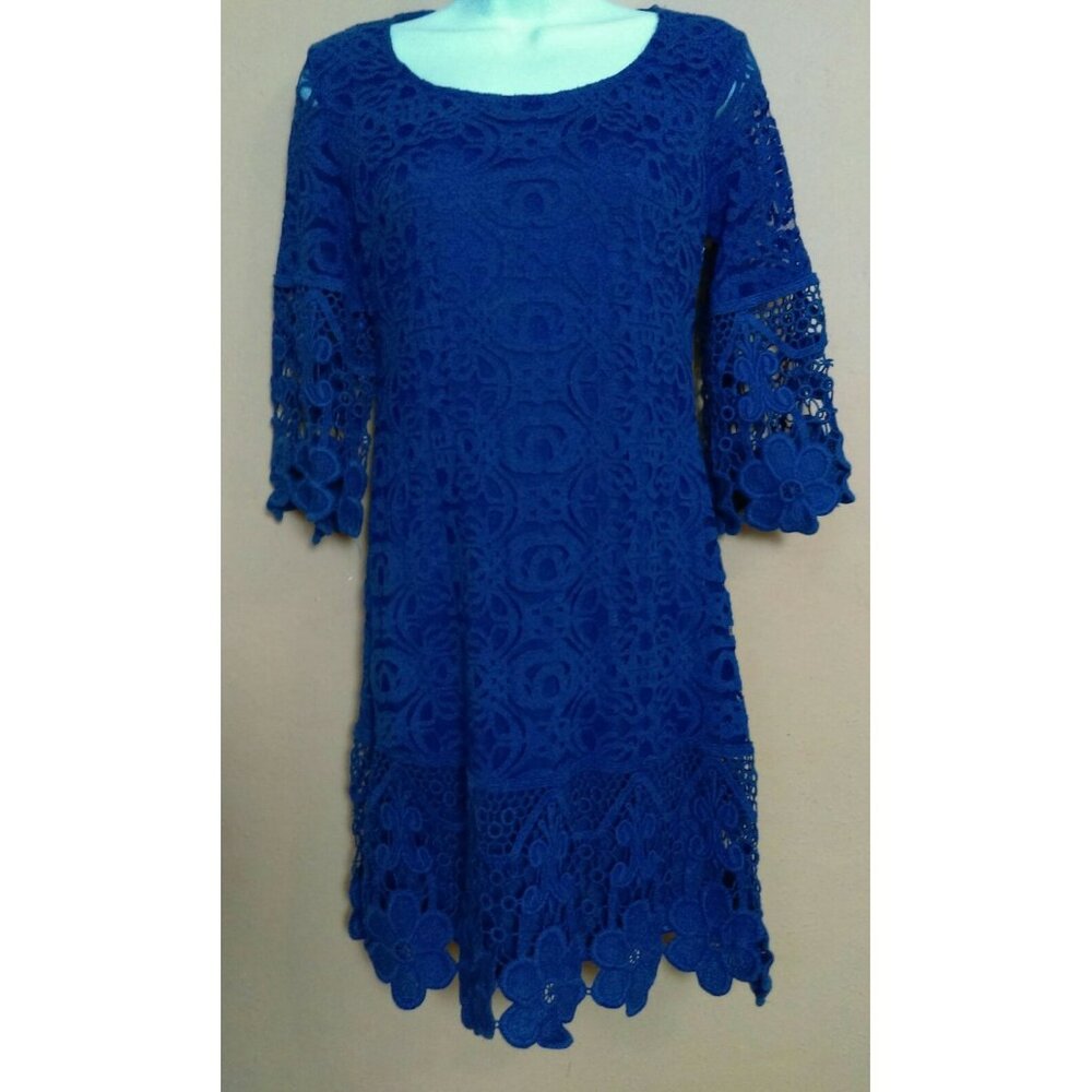 Alfani Women's Blue Shift Lace Style Floral 3/4 Sleeve Dress Petite Small PS
